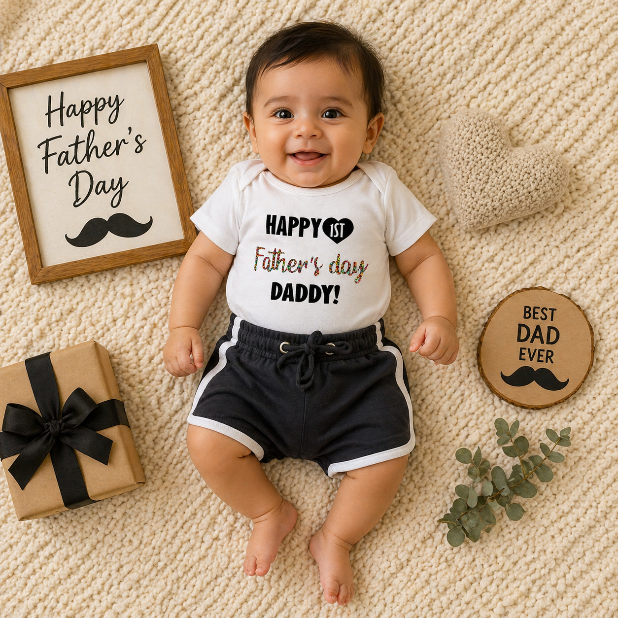Baby wearing a 'Happy 1st Father's Day Daddy!' onesie surrounded by decorative items on a beige carpet.