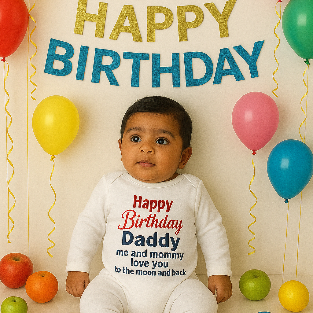 Baby in a 'Happy Birthday Daddy' outfit surrounded by balloons and colorful decorations.