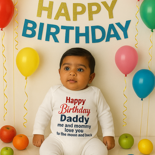 Baby in a 'Happy Birthday Daddy' outfit surrounded by balloons and colorful decorations.
