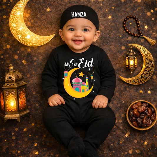 Child wearing a 'My 1st Eid' shirt with decorative elements on a themed background