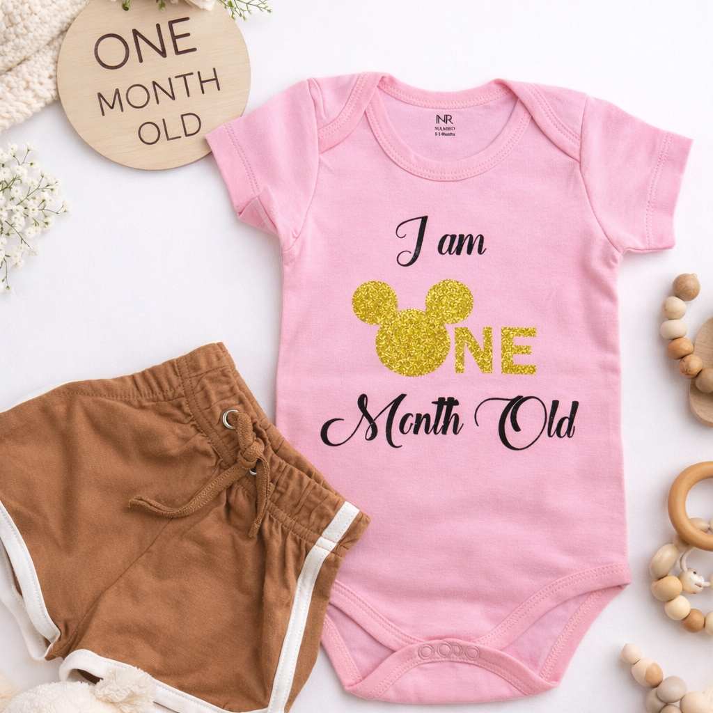 Pink baby onesie with 'I am One Month Old' text and brown shorts on a white background.