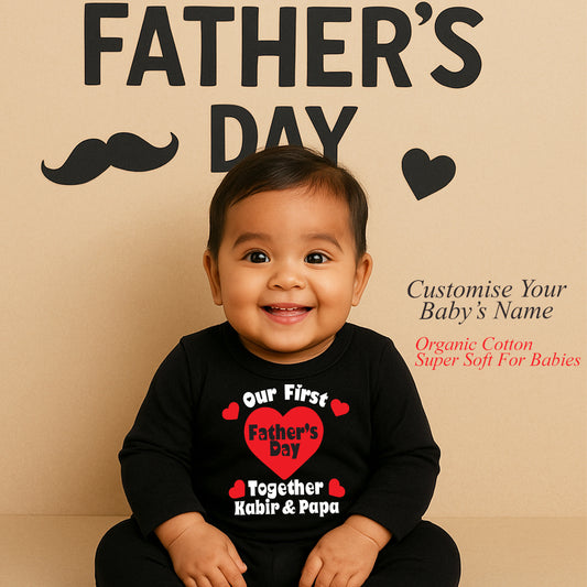 "Cute custom name baby jumpsuit for Our first Father's Day."