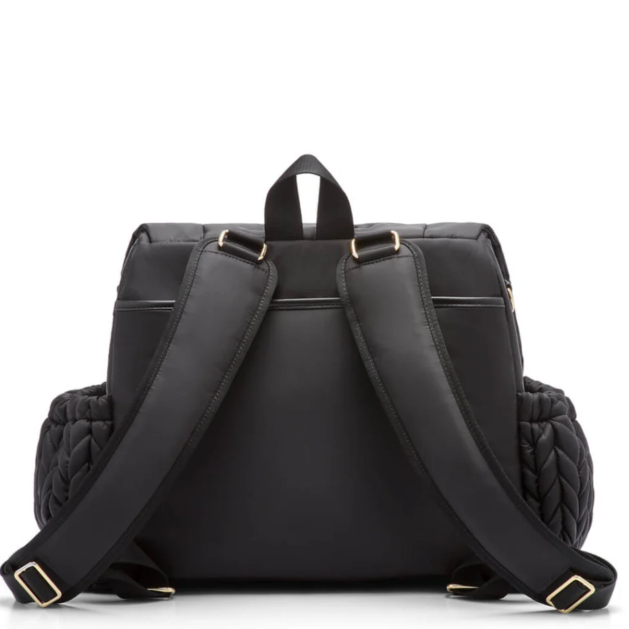Black backpack with quilted design on a white background
