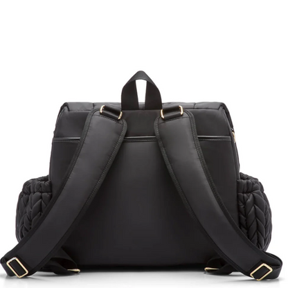 Black backpack with quilted design on a white background