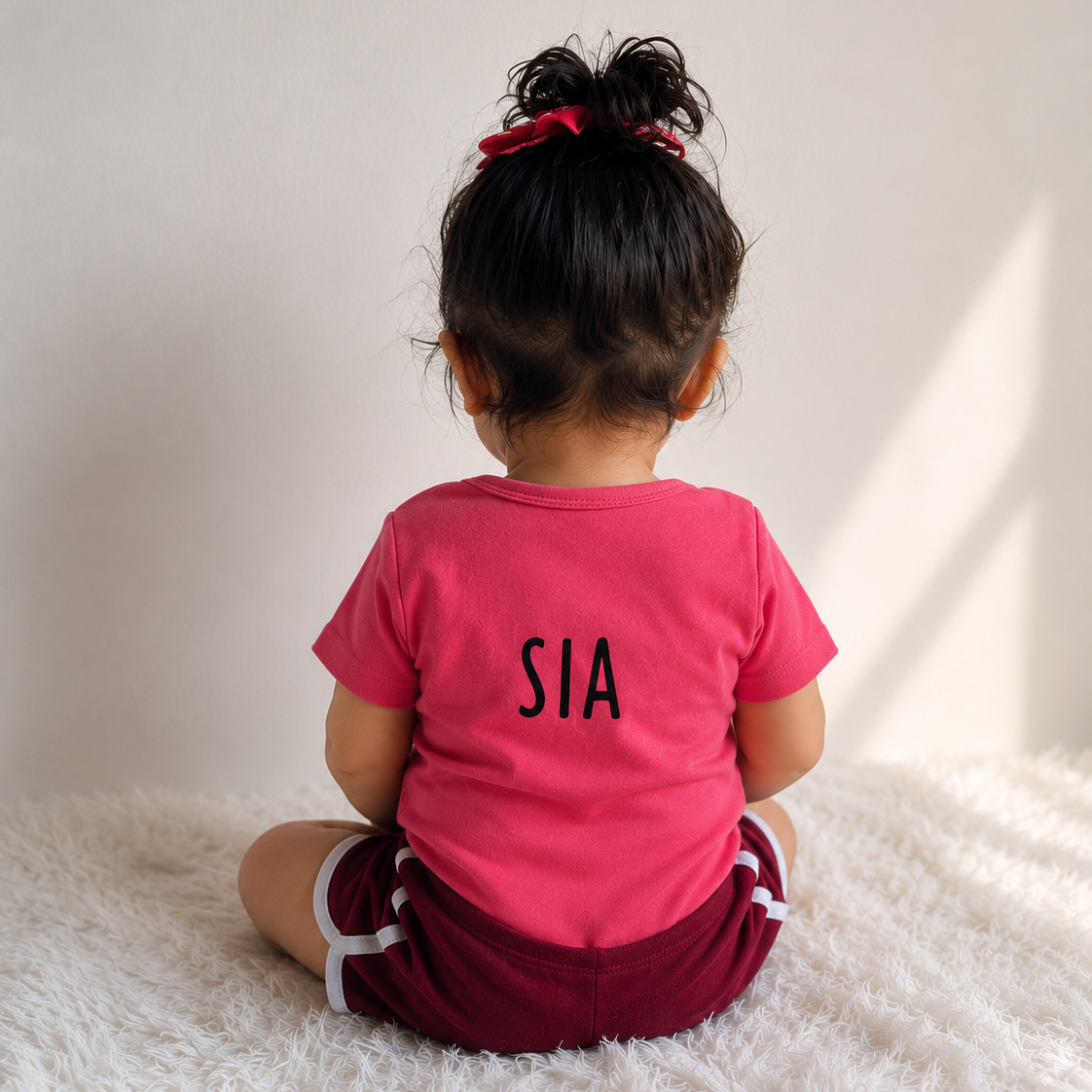 Child wearing a pink shirt with 'SIA' on it, sitting on a white surface.