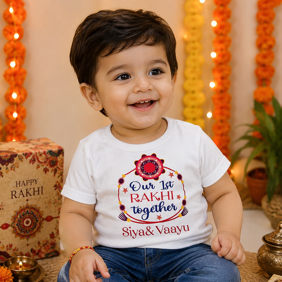 A smiling toddler boy sitting cross-legged on a woven mat, wearing a white graphic T-shirt with a colorful Rakhi design and the text 'Our 1st RAKHI together Siya&Vaayu'. The background is decorated with orange and yellow marigold garlands, a 'Happy Rakhi' gift box, and traditional sweets.