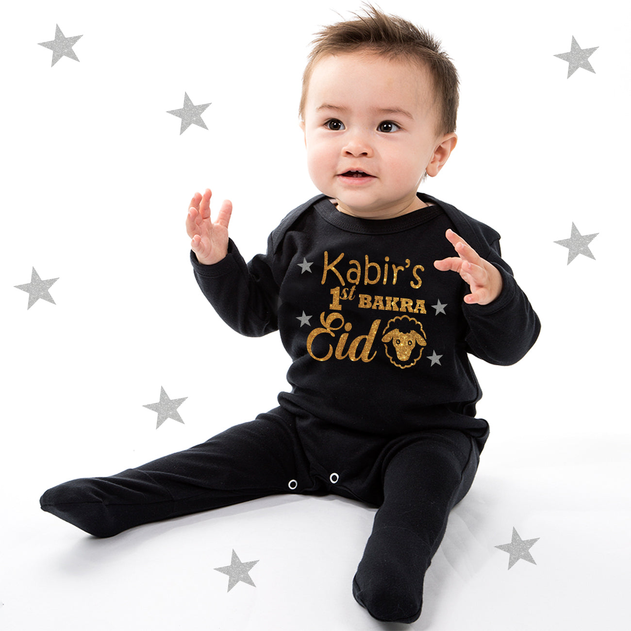 "Custom name Bakra Eid jumpsuit for your little one."
