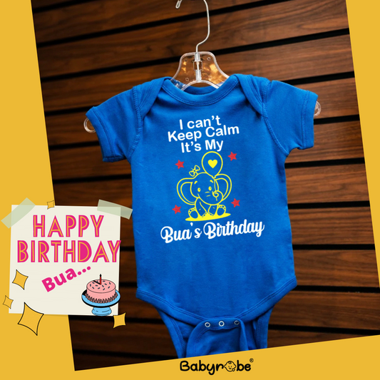 "Soft and comfortable baby onesie with custom name and design Bua's Birthday."
