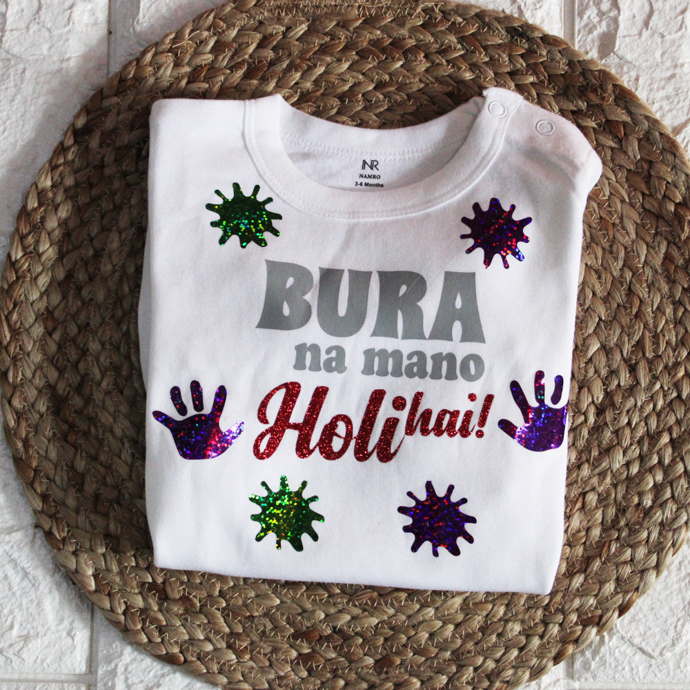 "Custom name Bura Na Mano Holi Hai Organic jumpsuit for your little one."