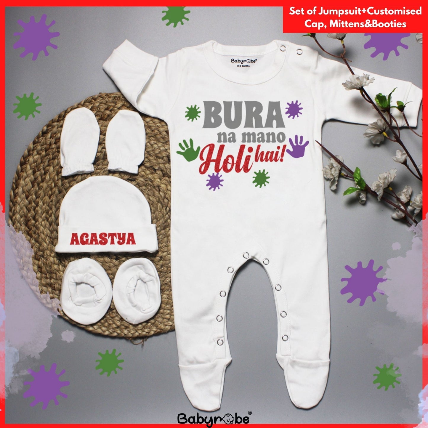 "Baby Organic Jupmsuit set  with personalized message and cute animal design"
