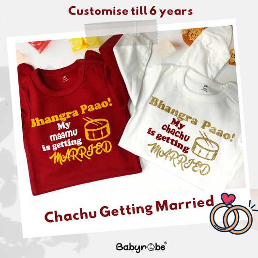 "Custom baby Jumpsuit with name and special design for Chachu Getting Married."