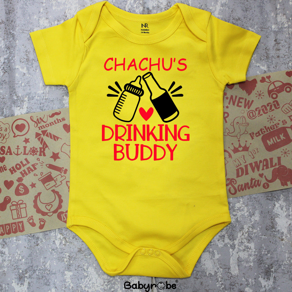 "Personalized baby onesie for Chachu's Drinking Buddy with custom name."
