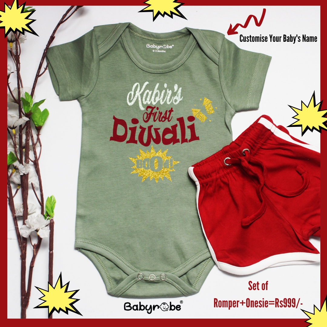 "Cute custom name baby Onesie & Shortsfor first Diwali."
