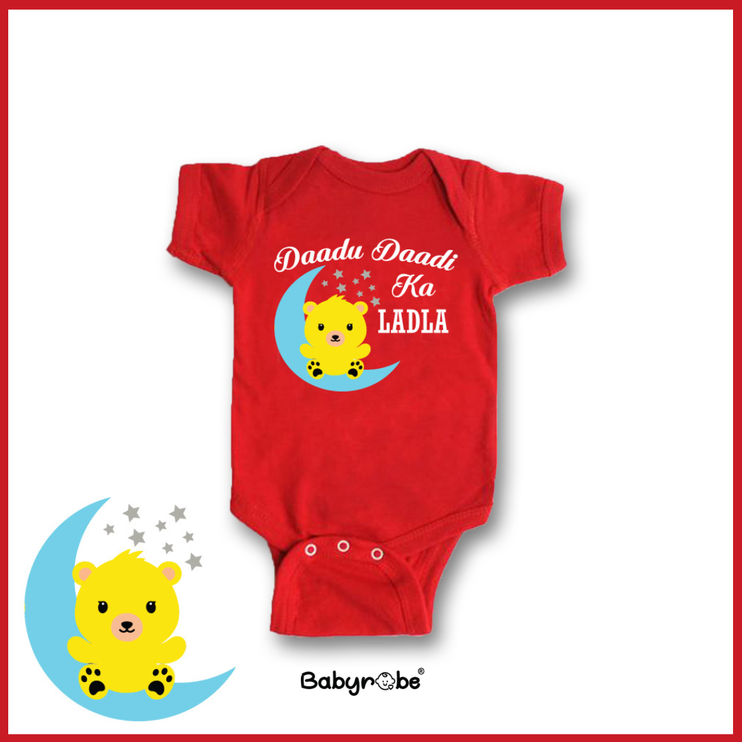 "Cute baby romper with a custom graphic and soft cotton fabric."
