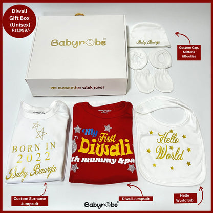 "Custom baby jumpsuit set  with custom message and colorful design, new born with  Diwali gift."