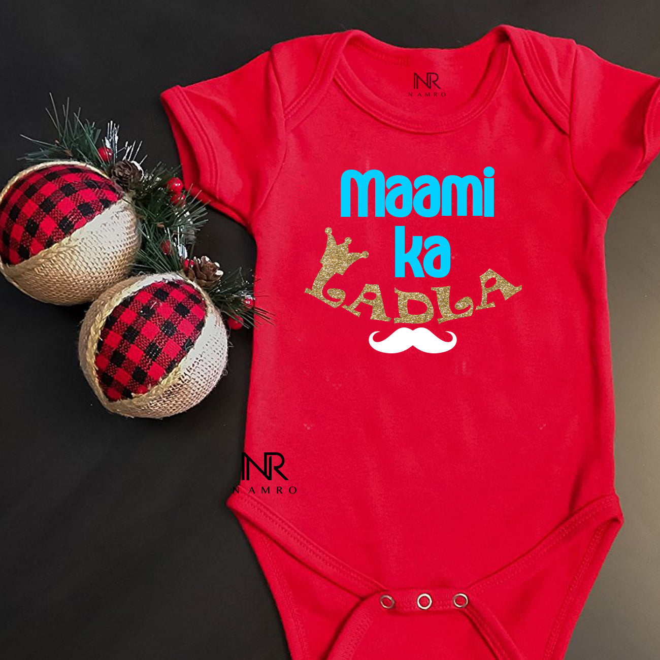 "Personalized baby onesie with colorful design and easy snap closures."

