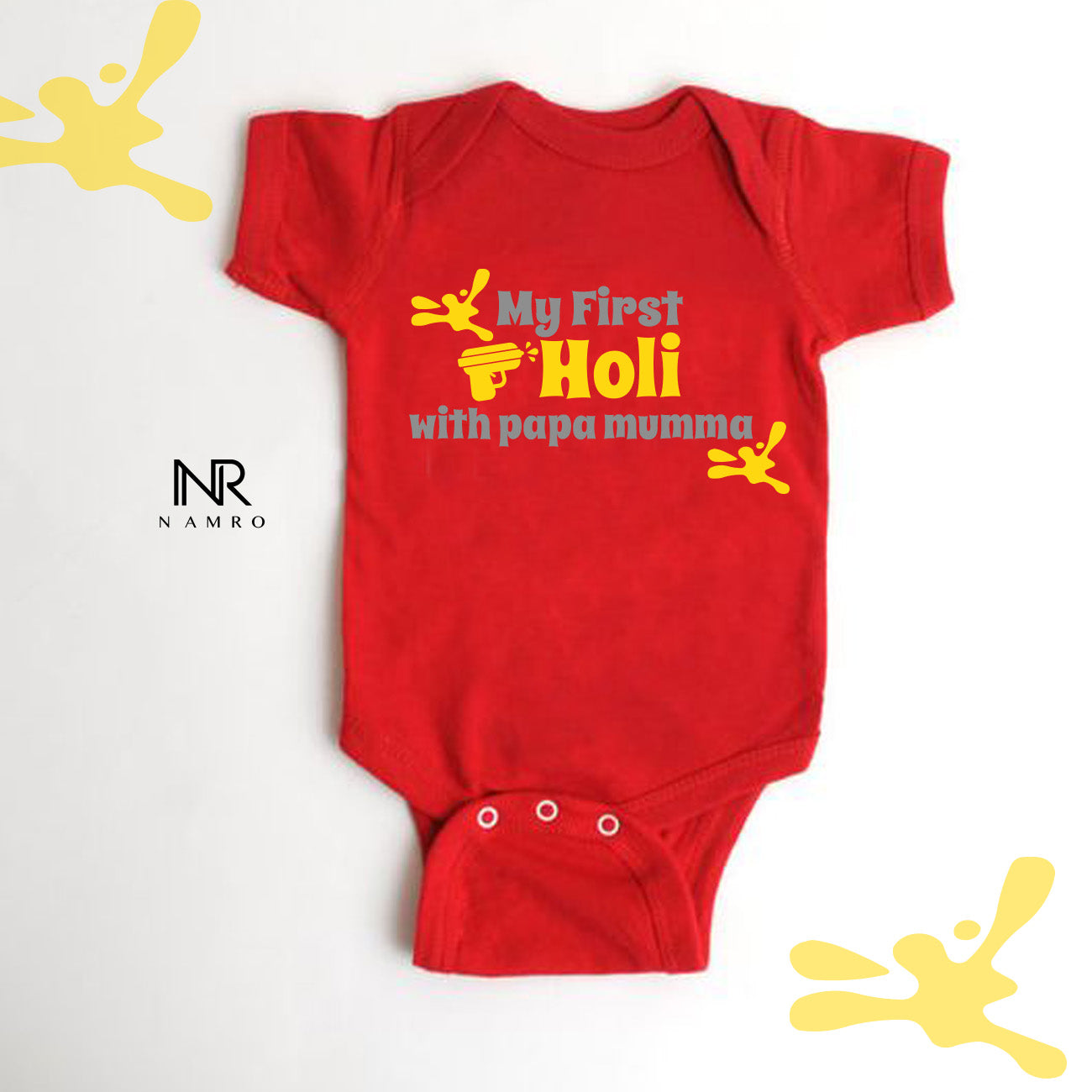 "Customizable first holi baby outfit with name."