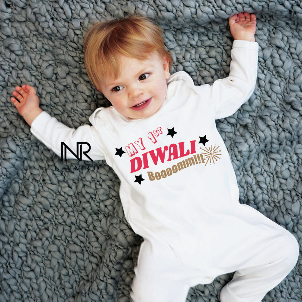 "Personalized baby jumpsuit  for  First Diwali with custom name."
