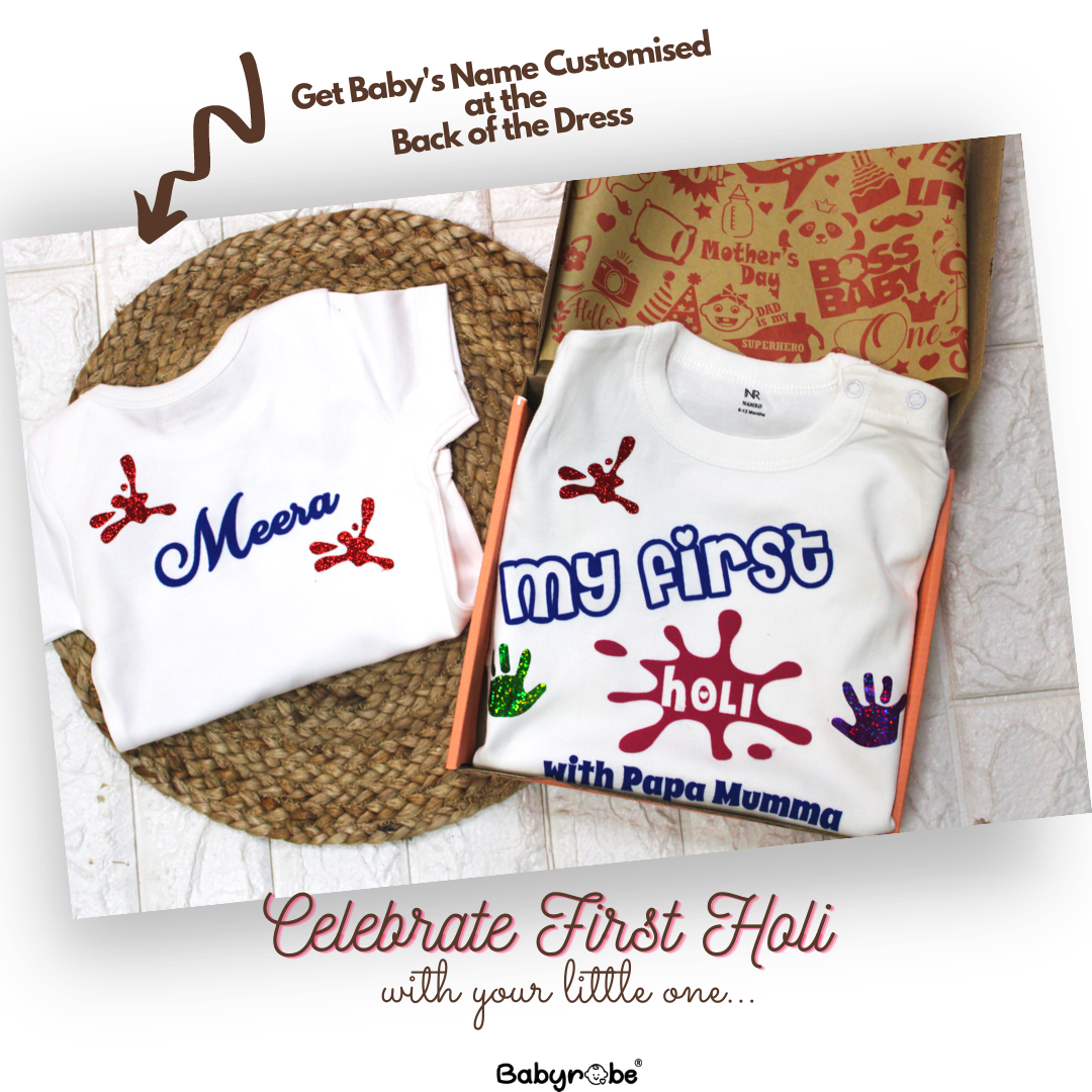"Celebrate My First Holi with a personalized baby onesie & Jumpsuit."