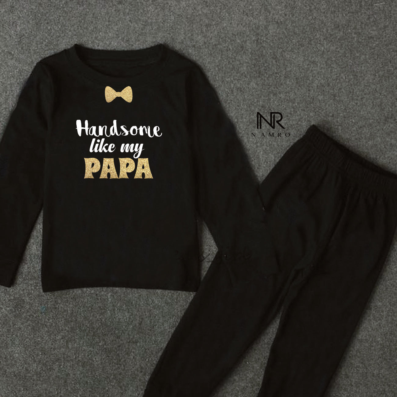 "Customizable Handsome Like My Papa baby outfit with name."