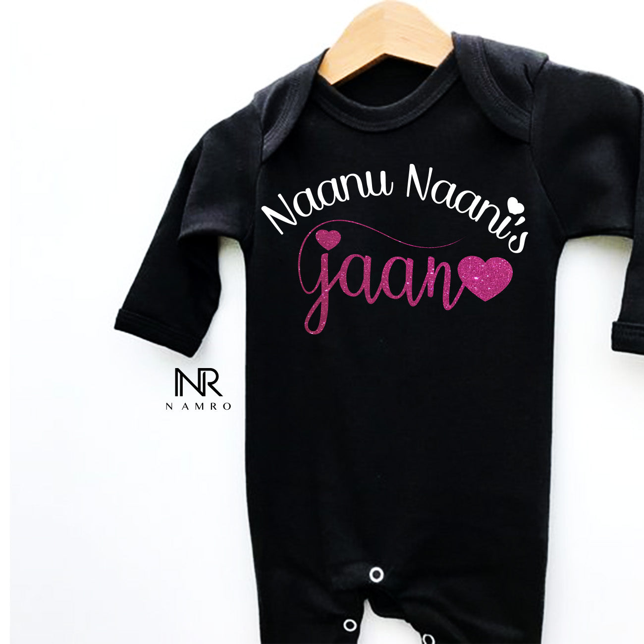 "Custom name Naanu Naani's Jaan jumpsuit for your little one."
