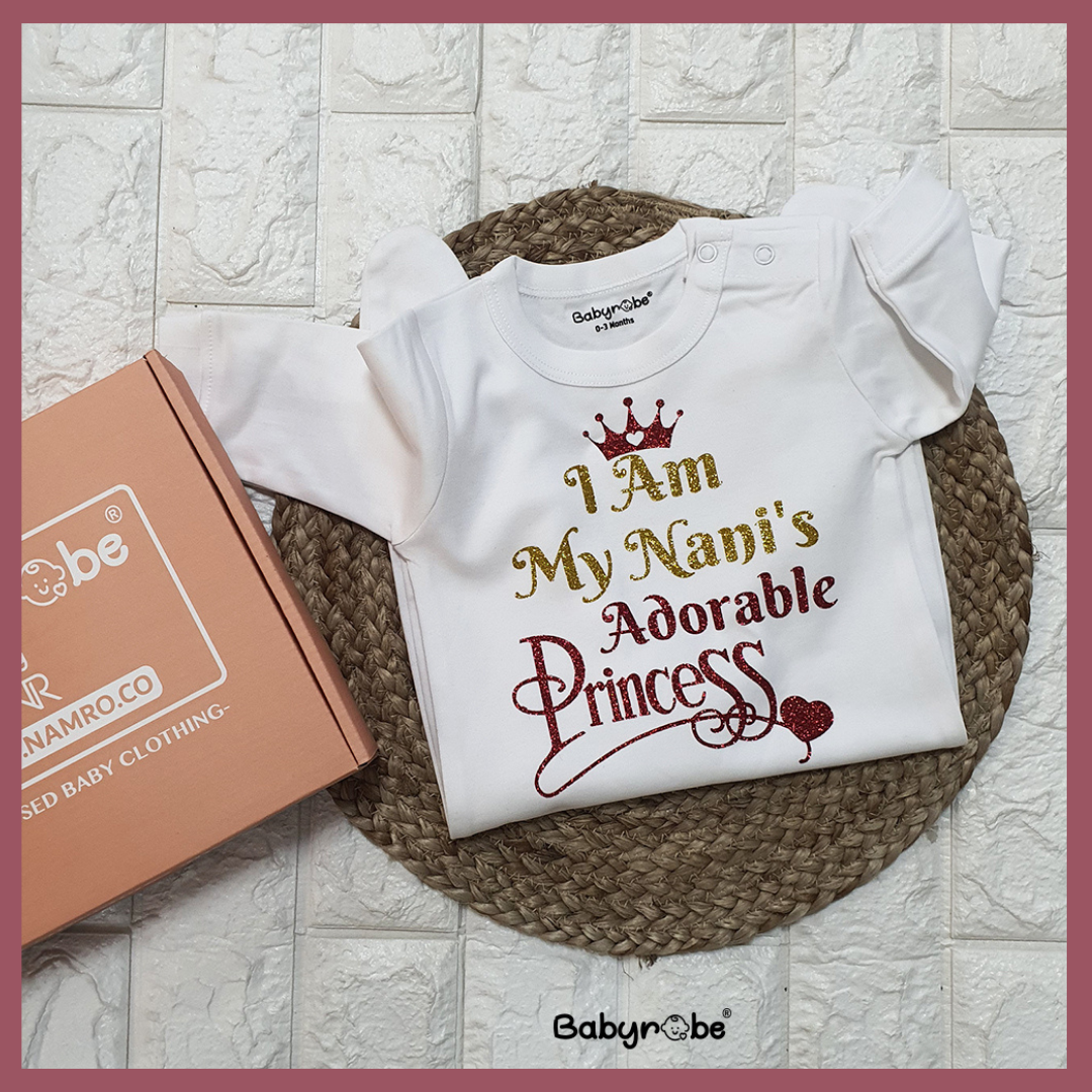 "Baby jumpsuit with custom name and Nani's Princessl design."
