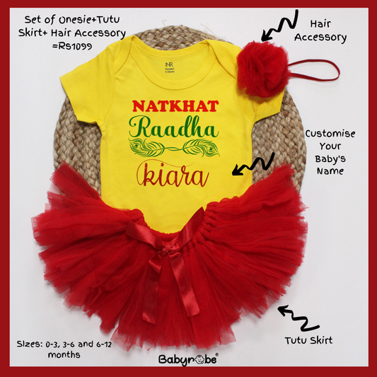 "Celebrate Janmashtami with a Custom Name baby onesie & skirt set."