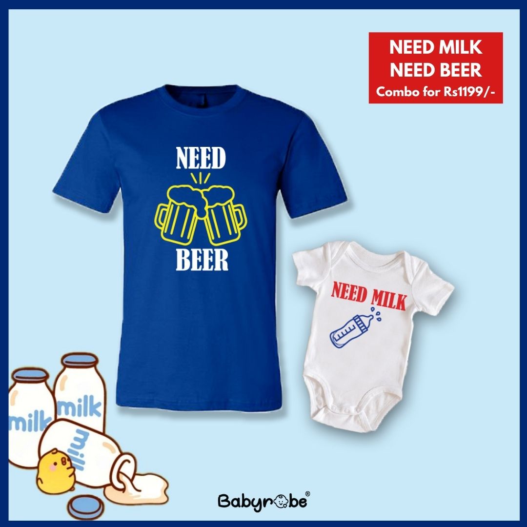 "Custom baby onesie & T-Shirt set with name and  design for Need Milk Need Beer Combo."