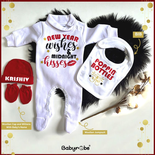 "Soft and comfortable baby jumpsuit set & Bib with custom name." 