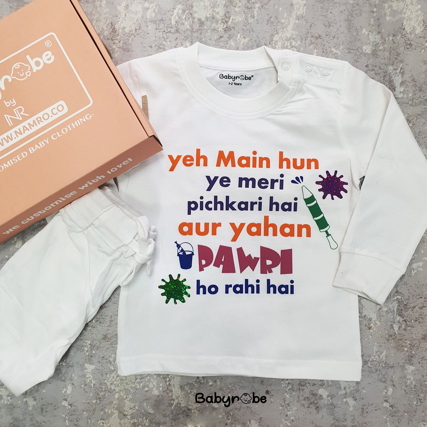 "Celebrate Holi with a personalized baby T-Shirt & Pajama set."