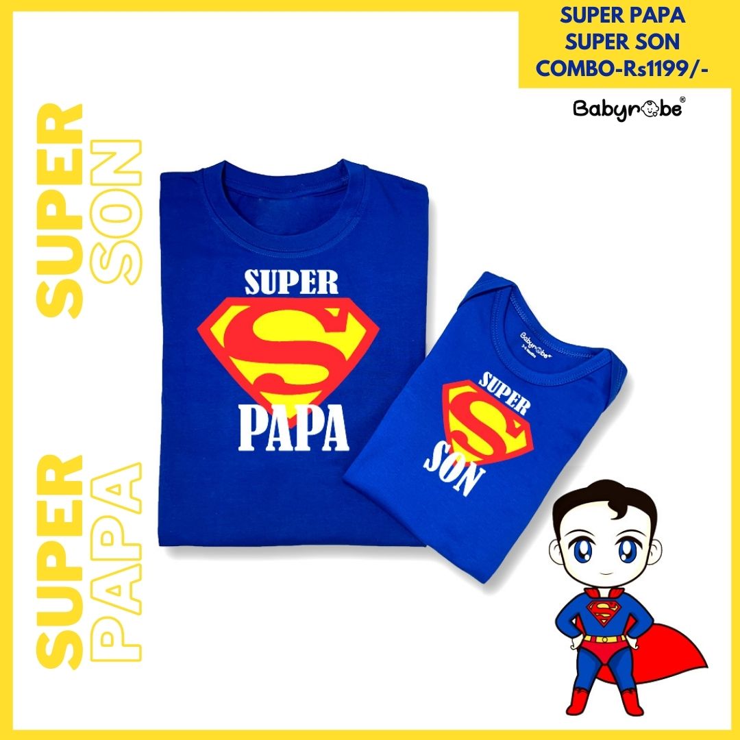 "Soft and comfortable baby onesie & T-Shirt set with custom name and design Super Papa Super Son"

