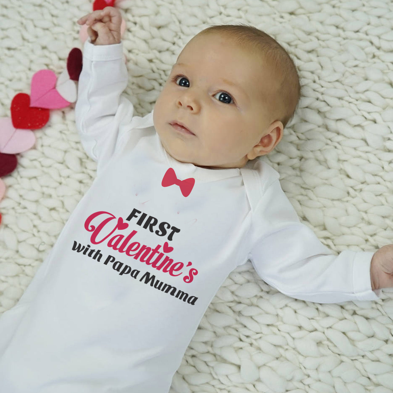 
"Baby organic jumpsuit with personalized name for a special Valentine's Day."