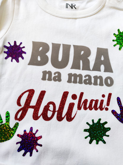 "Custom baby onesie with name and special design for holi."