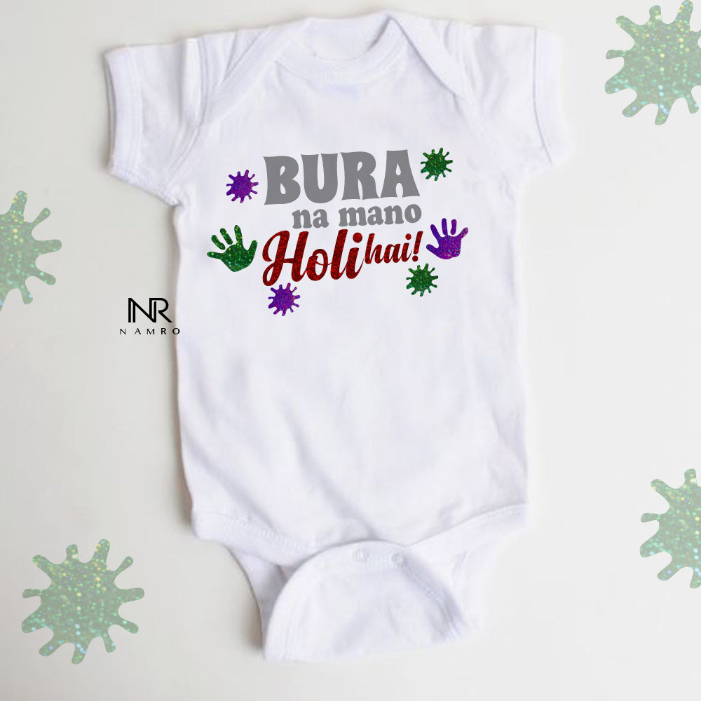 "Personalized onesie for baby, perfect for holi."