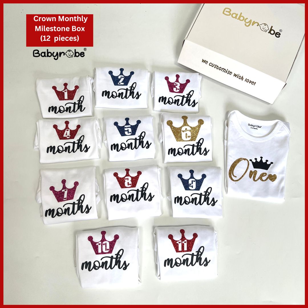 "Custom baby romper featuring a fun print and personalized text"Capture Baby’s First Year Moments"