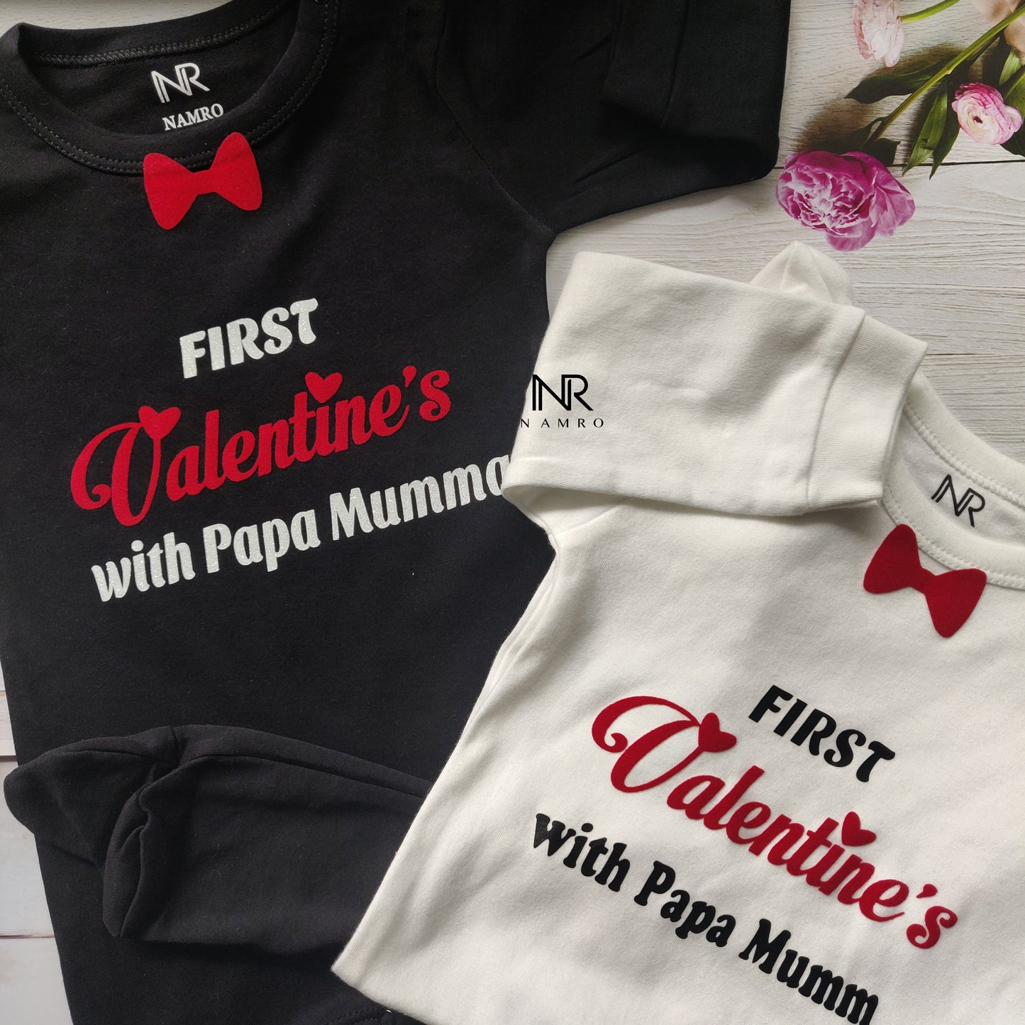 "Cute custom name baby jumpsuit for first valentine's Day."
