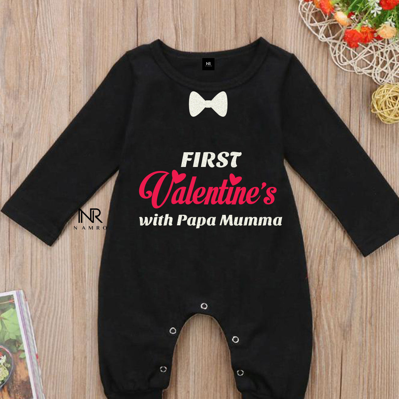 "Personalized baby jumpsuit  for valentine's Day with custom name."
