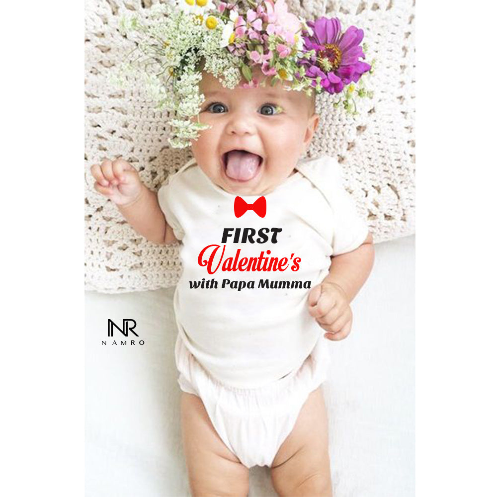 "Customizable valentine's Day baby outfit with name."
