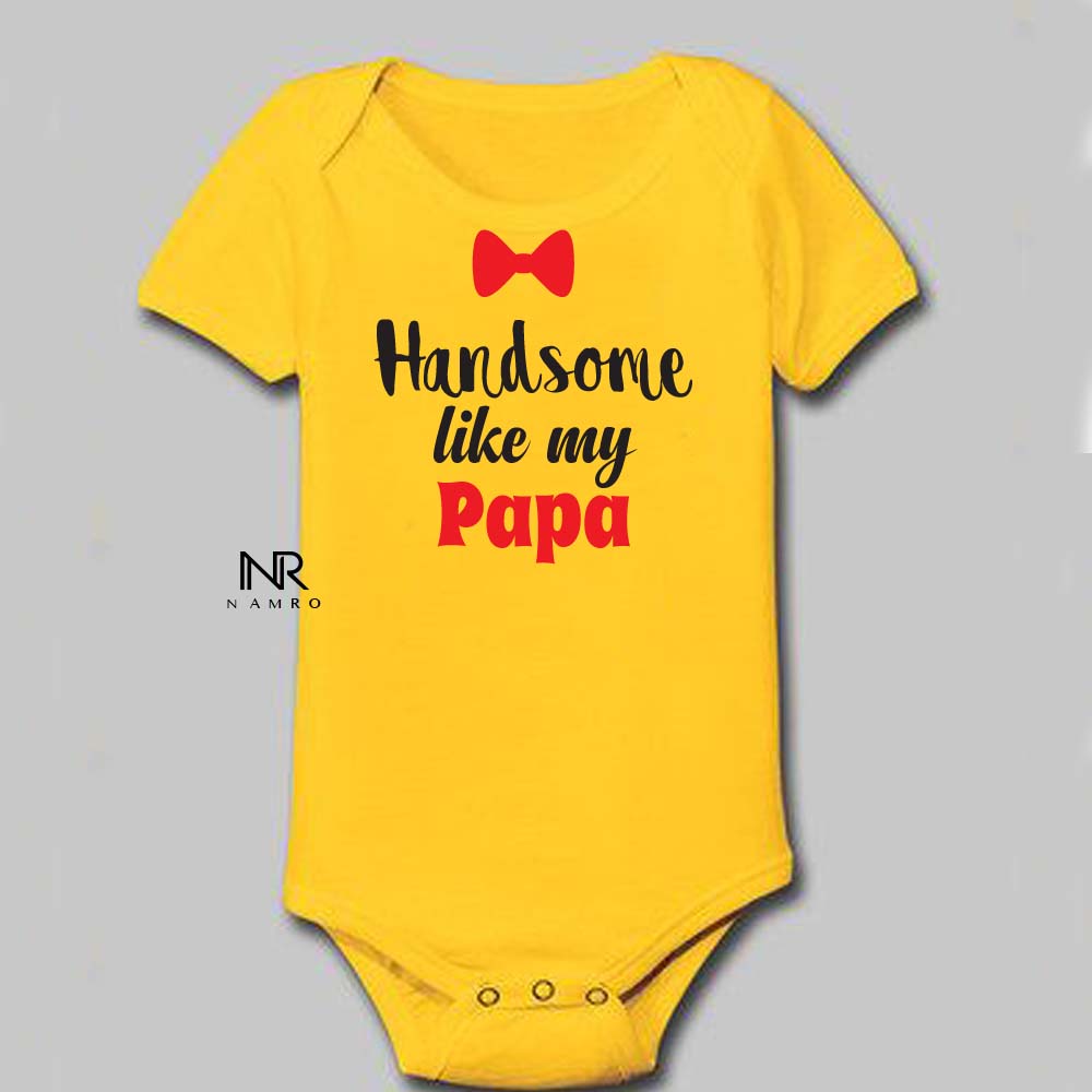 "Custom baby onesie with name and special design for Handsome Like my papa."