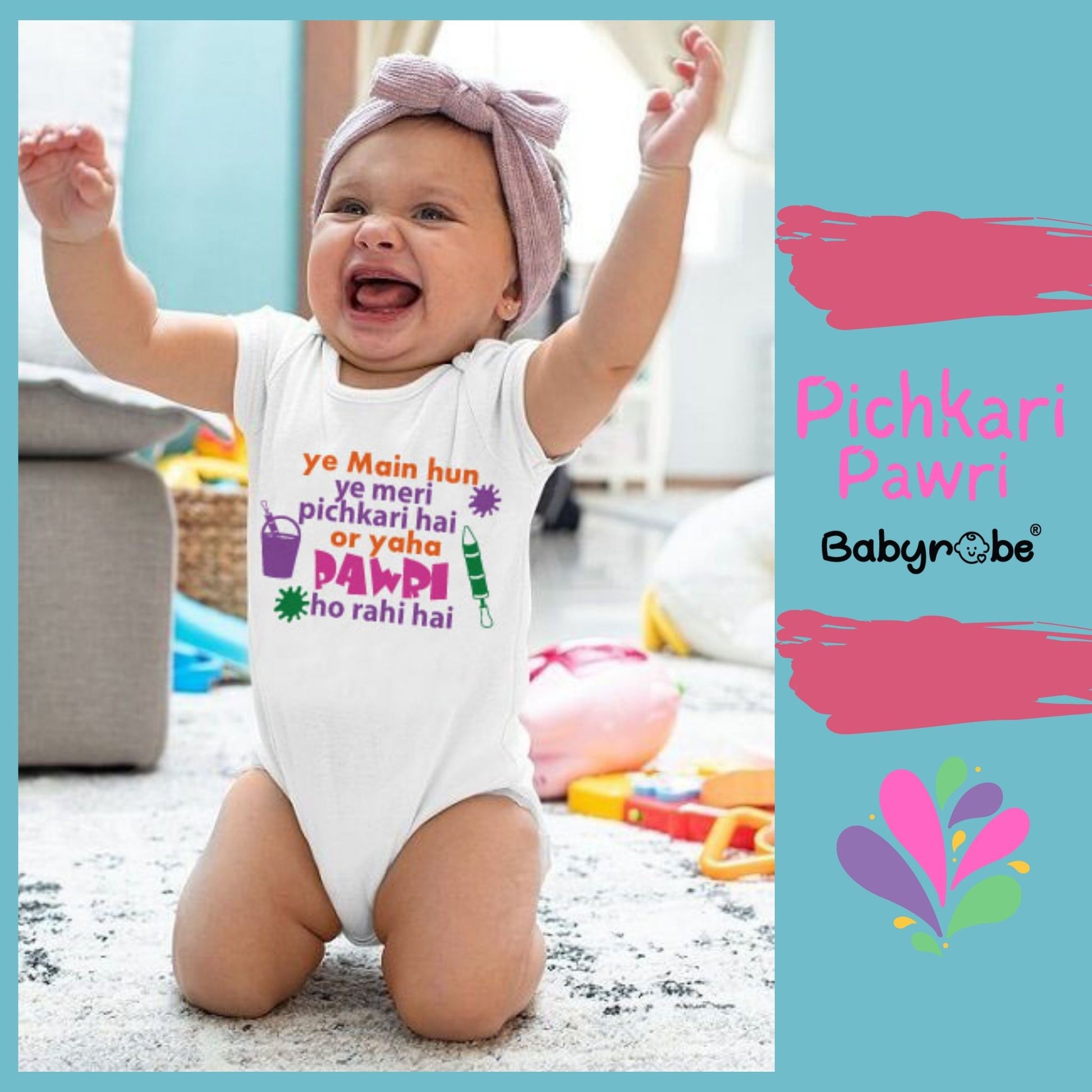 "Custom baby onesie with custom message and colorful design."